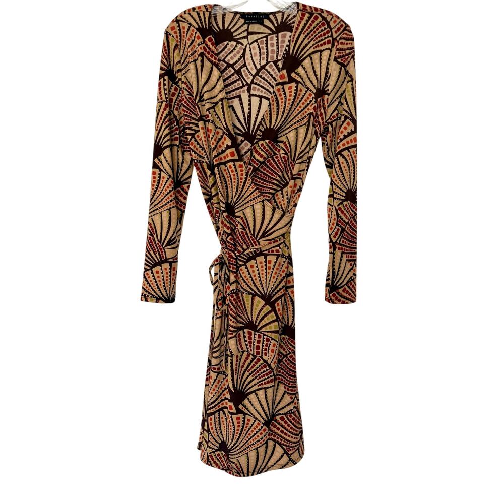 Vintage Parallel Fan Geometric Print Wrap Dress Long Sleeve Large Boho Y2K